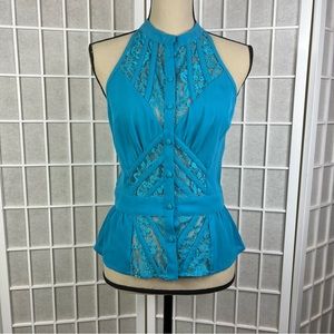 bebe Teal Lace Halter Peplum Top